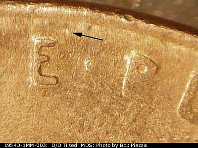 Die-stage B marker on 1954D•1MM•003 (1954 Repunched Mint Mark).