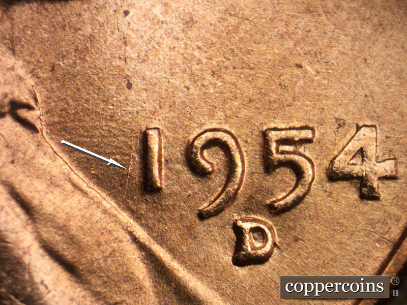 Die-stage B marker on 1954D•1MM•004 (1954 Repunched Mint Mark).