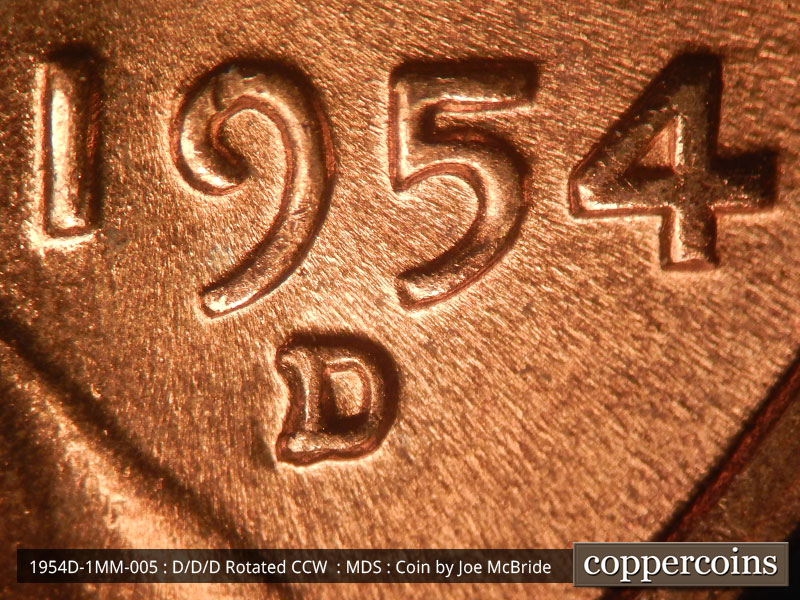 Die-stage B marker on 1954D•1MM•005 (1954 Repunched Mint Mark).