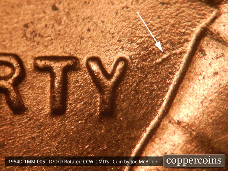 Die-stage B marker on 1954D•1MM•005 (1954 Repunched Mint Mark).