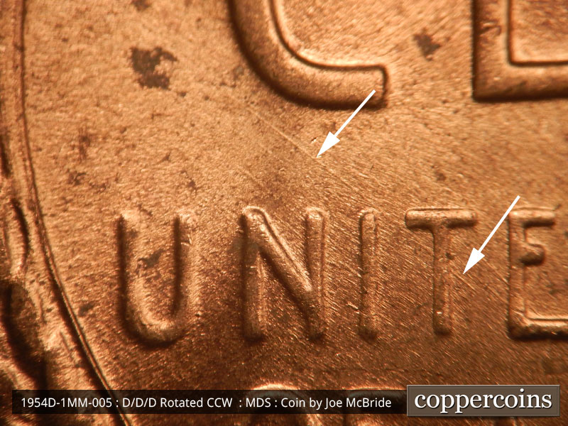 Die-stage B marker on 1954D•1MM•005 (1954 Repunched Mint Mark).