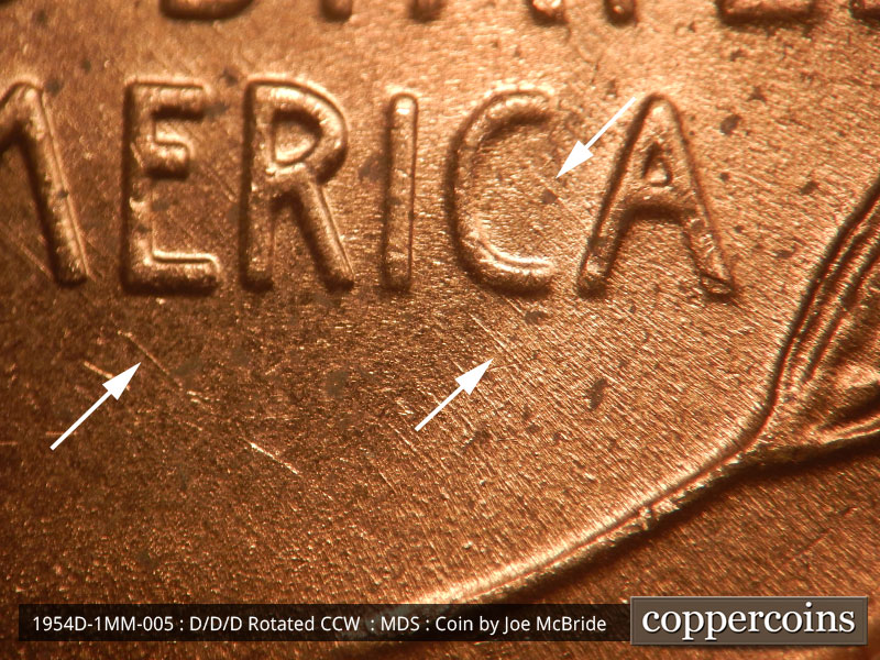 Die-stage B marker on 1954D•1MM•005 (1954 Repunched Mint Mark).