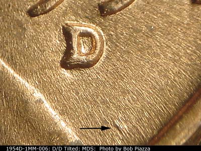 Die-stage B marker on 1954D•1MM•006 (1954 Repunched Mint Mark).