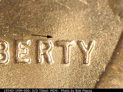 Die-stage B marker on 1954D•1MM•006 (1954 Repunched Mint Mark).
