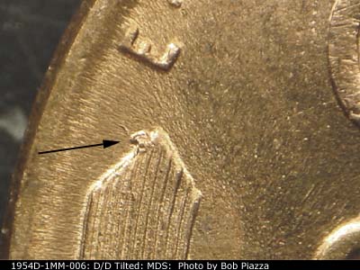 Die-stage B marker on 1954D•1MM•006 (1954 Repunched Mint Mark).
