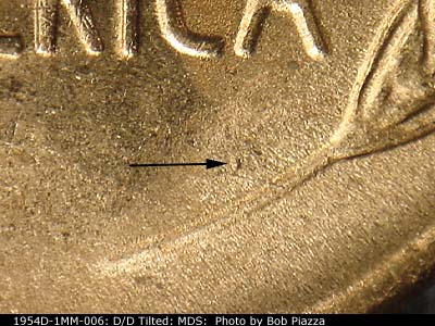 Die-stage B marker on 1954D•1MM•006 (1954 Repunched Mint Mark).