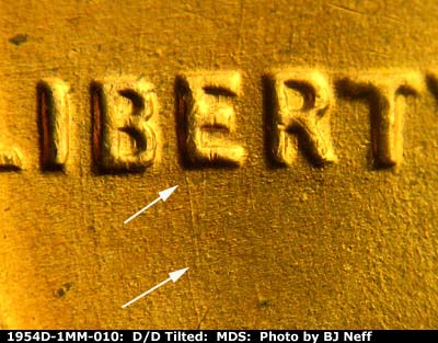 Die-stage B marker on 1954D•1MM•010 (1954 Repunched Mint Mark).