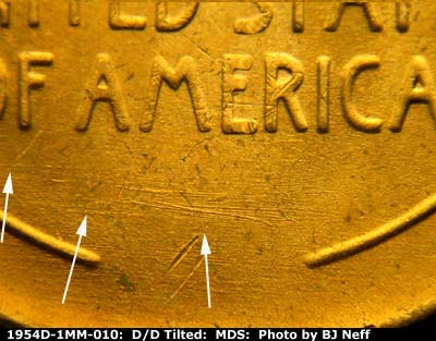 Die-stage B marker on 1954D•1MM•010 (1954 Repunched Mint Mark).