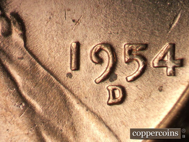 Die-stage B marker on 1954D•1MM•011 (1954 Repunched Mint Mark).