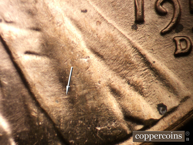 Die-stage B marker on 1954D•1MM•011 (1954 Repunched Mint Mark).