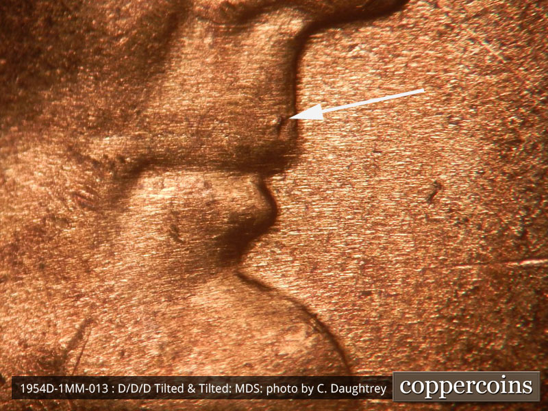 Die-stage B marker on 1954D•1MM•013 (1954 Repunched Mint Mark).