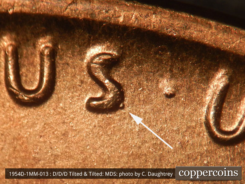 Die-stage B marker on 1954D•1MM•013 (1954 Repunched Mint Mark).