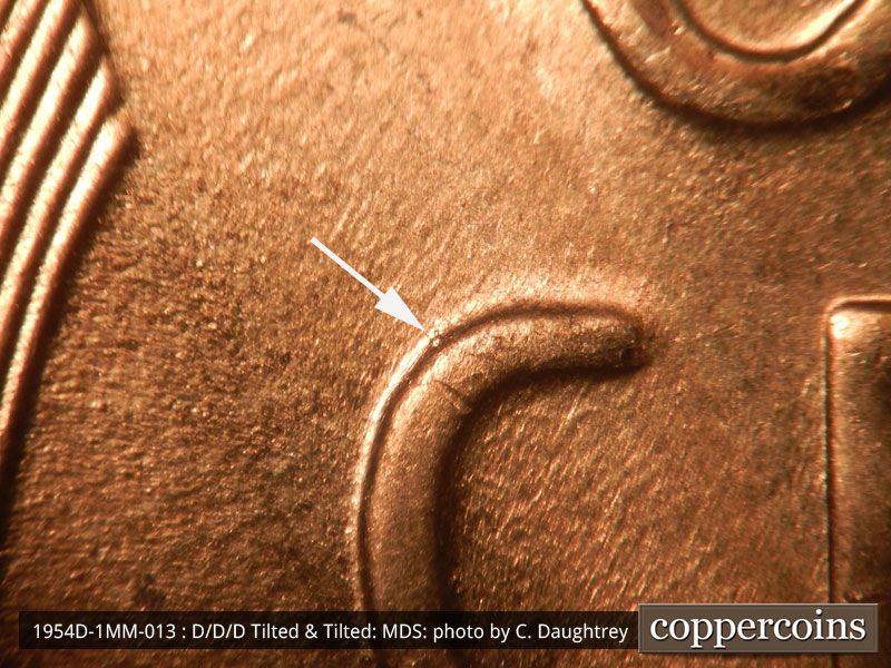 Die-stage B marker on 1954D•1MM•013 (1954 Repunched Mint Mark).