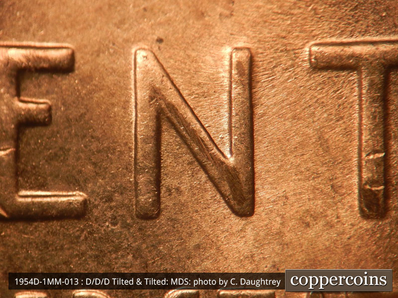 Die-stage B marker on 1954D•1MM•013 (1954 Repunched Mint Mark).