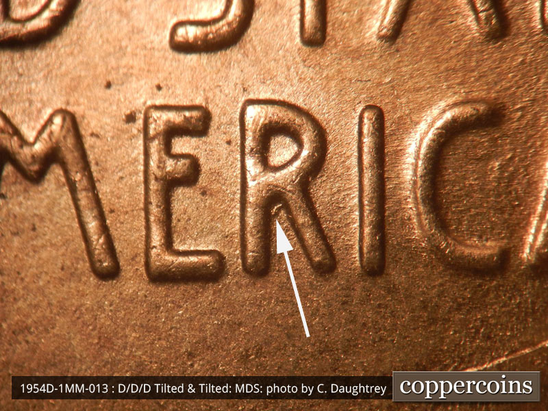 Die-stage B marker on 1954D•1MM•013 (1954 Repunched Mint Mark).