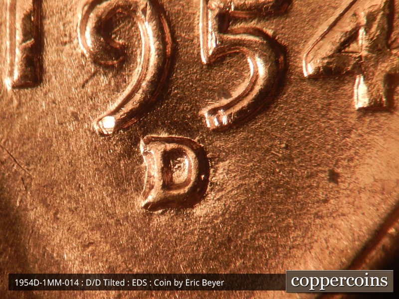Die-stage A marker on 1954D•1MM•014 (1954 Repunched Mint Mark).
