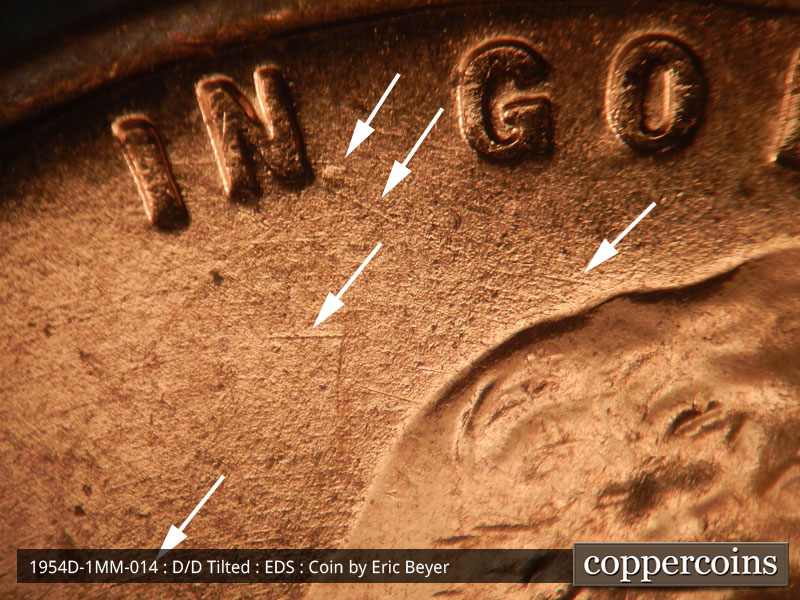 Die-stage A marker on 1954D•1MM•014 (1954 Repunched Mint Mark).