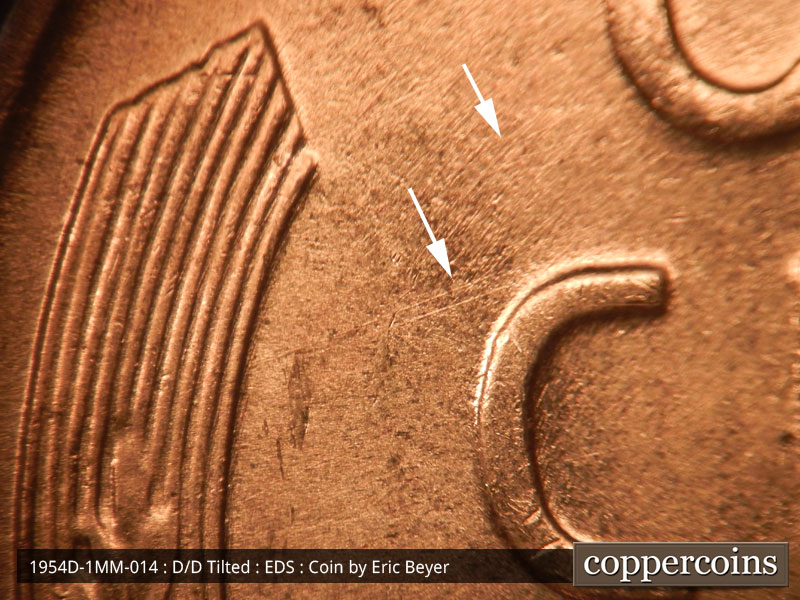 Die-stage A marker on 1954D•1MM•014 (1954 Repunched Mint Mark).