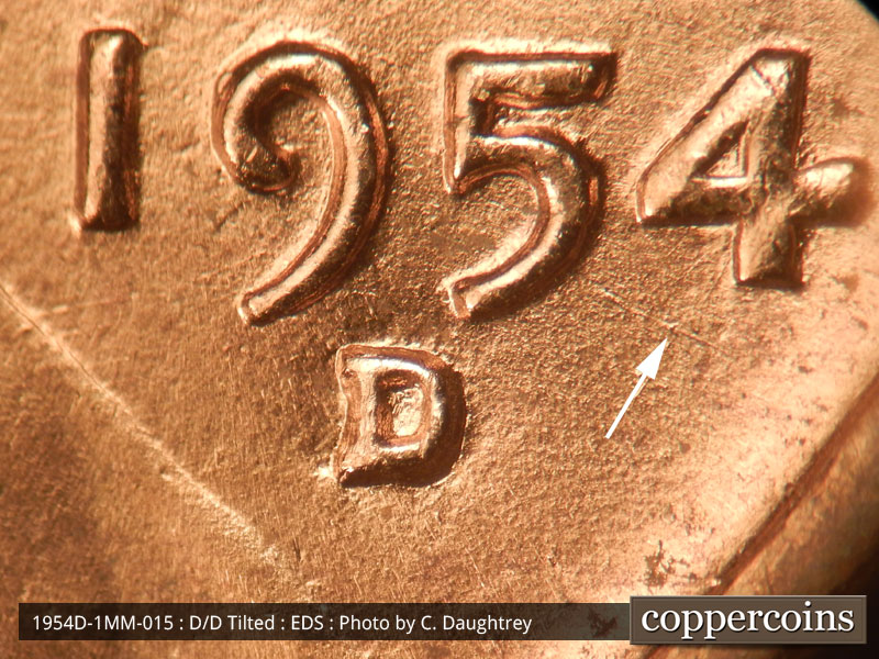 Die-stage A marker on 1954D•1MM•015 (1954 Repunched Mint Mark).