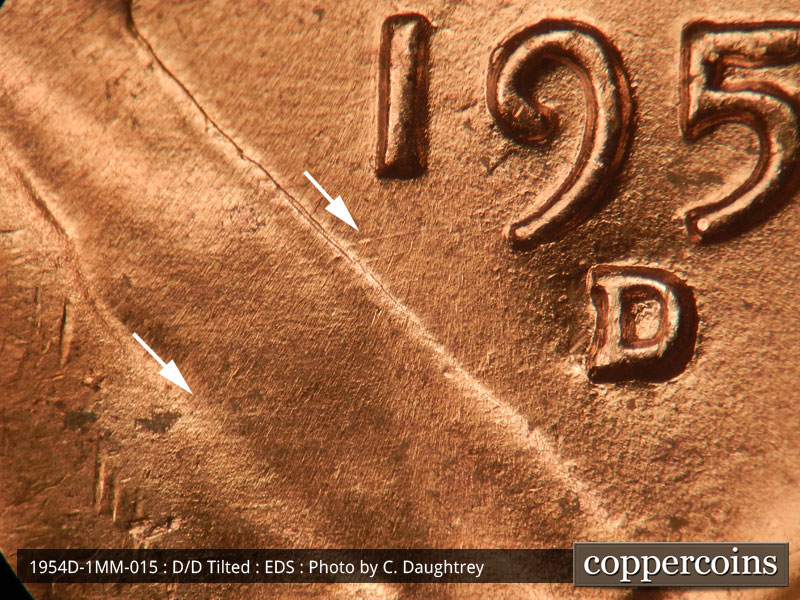 Die-stage A marker on 1954D•1MM•015 (1954 Repunched Mint Mark).
