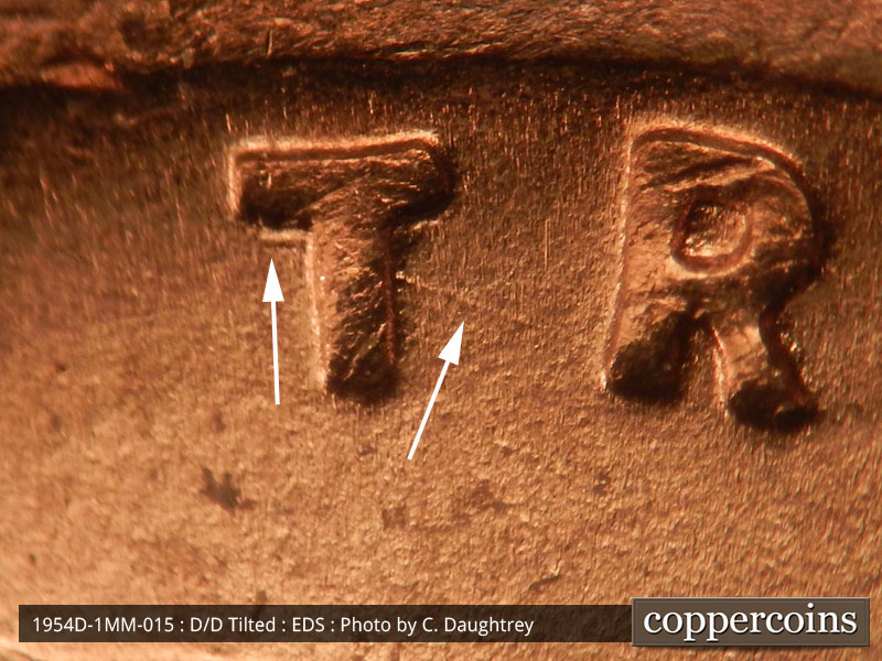 Die-stage A marker on 1954D•1MM•015 (1954 Repunched Mint Mark).