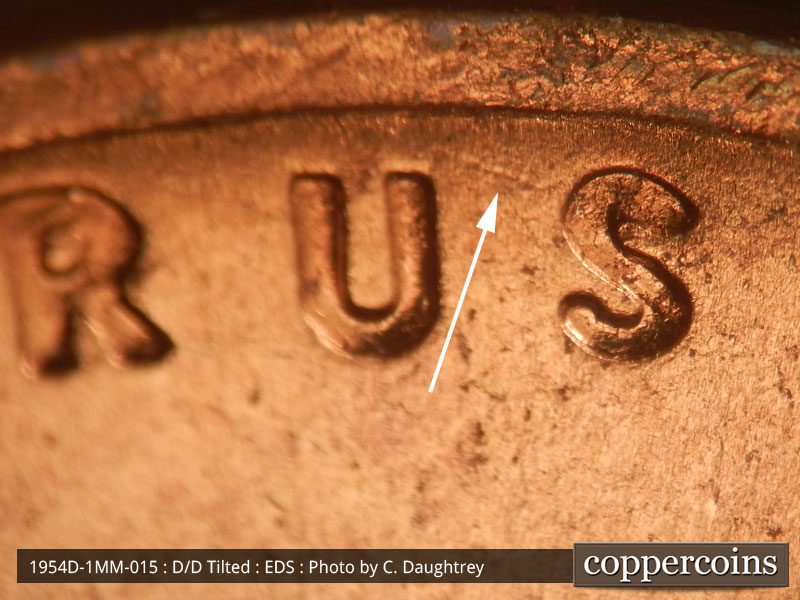 Die-stage A marker on 1954D•1MM•015 (1954 Repunched Mint Mark).
