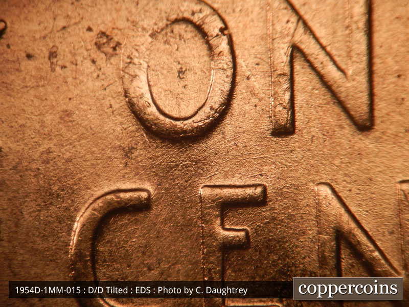 Die-stage A marker on 1954D•1MM•015 (1954 Repunched Mint Mark).