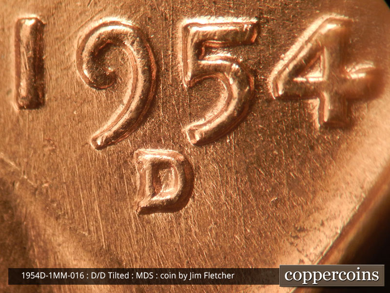 Die-stage B marker on 1954D•1MM•016 (1954 Repunched Mint Mark).