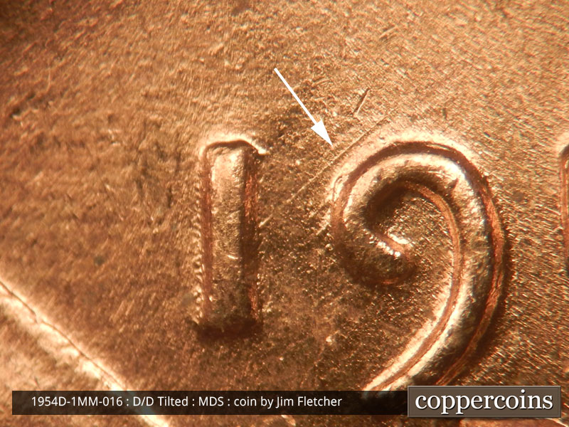 Die-stage B marker on 1954D•1MM•016 (1954 Repunched Mint Mark).