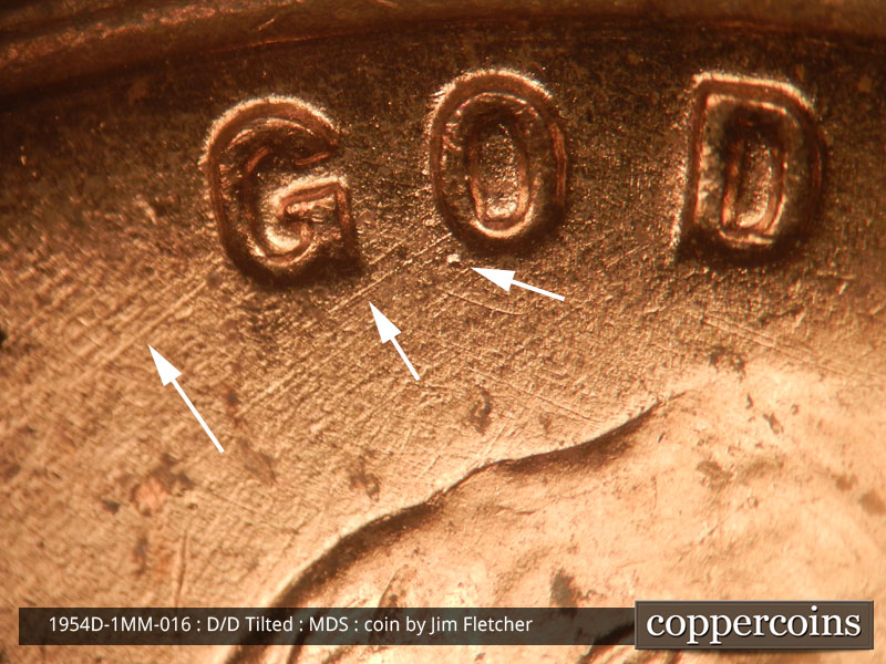 Die-stage B marker on 1954D•1MM•016 (1954 Repunched Mint Mark).