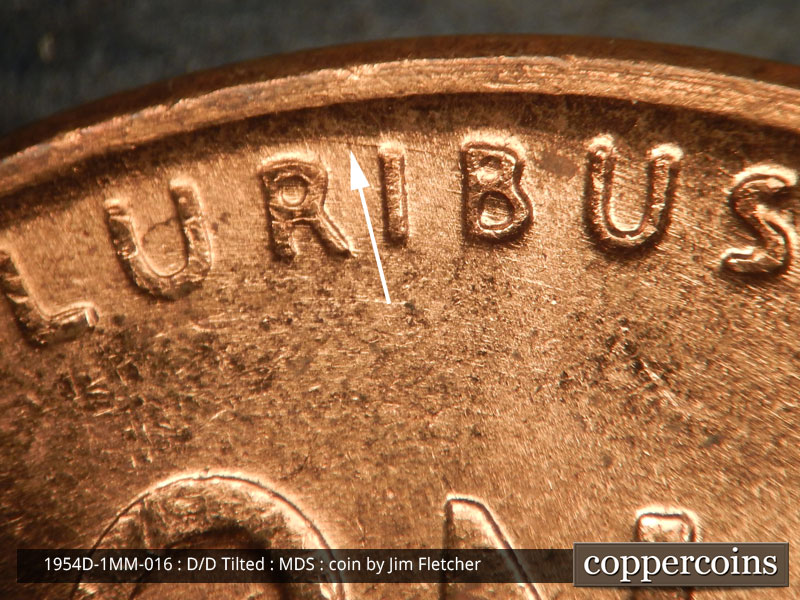 Die-stage B marker on 1954D•1MM•016 (1954 Repunched Mint Mark).