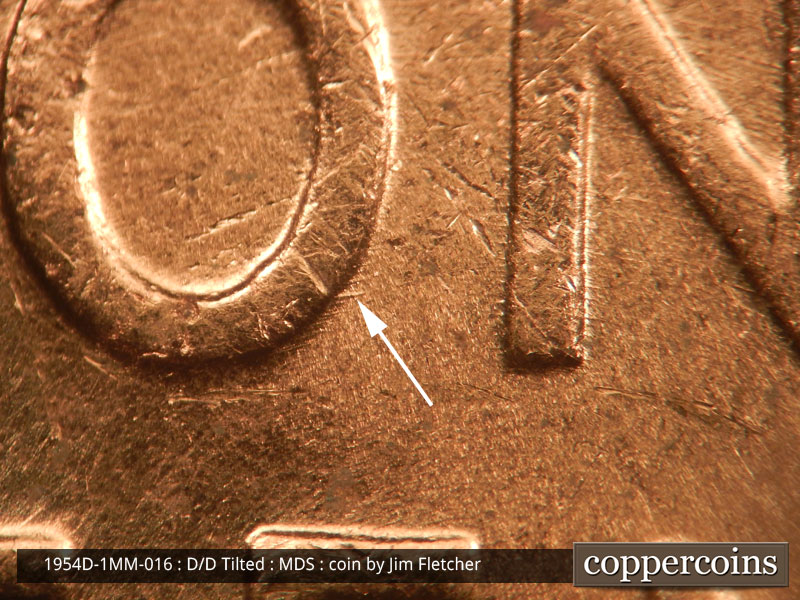Die-stage B marker on 1954D•1MM•016 (1954 Repunched Mint Mark).