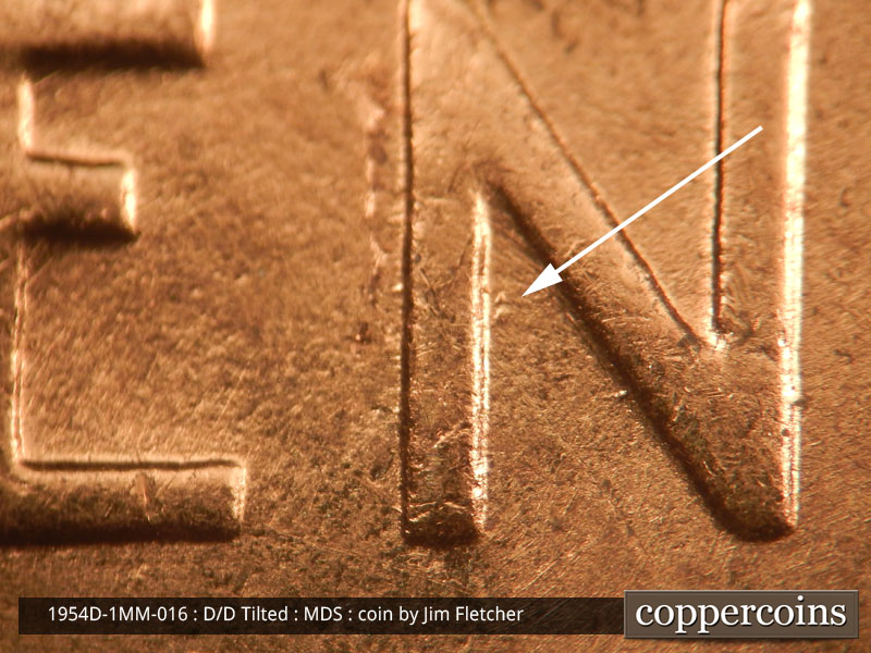 Die-stage B marker on 1954D•1MM•016 (1954 Repunched Mint Mark).
