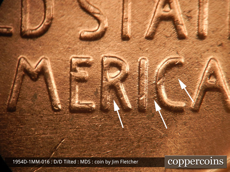 Die-stage B marker on 1954D•1MM•016 (1954 Repunched Mint Mark).
