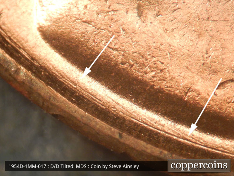Die-stage B marker on 1954D•1MM•017 (1954 Repunched Mint Mark).
