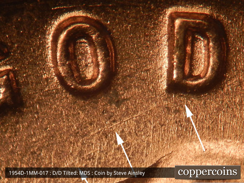 Die-stage B marker on 1954D•1MM•017 (1954 Repunched Mint Mark).