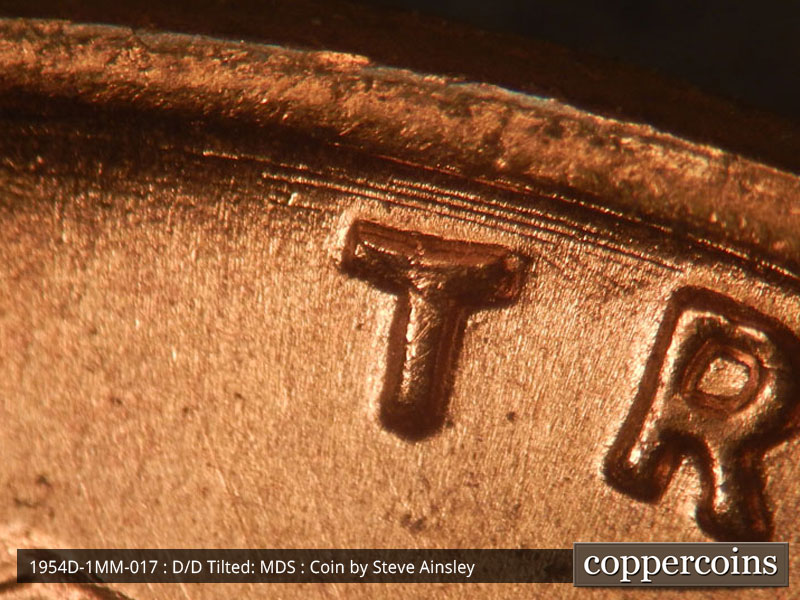 Die-stage B marker on 1954D•1MM•017 (1954 Repunched Mint Mark).