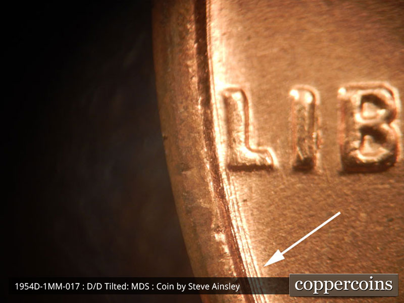 Die-stage B marker on 1954D•1MM•017 (1954 Repunched Mint Mark).