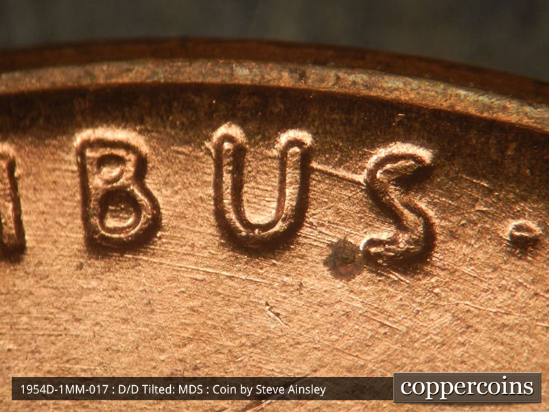 Die-stage B marker on 1954D•1MM•017 (1954 Repunched Mint Mark).