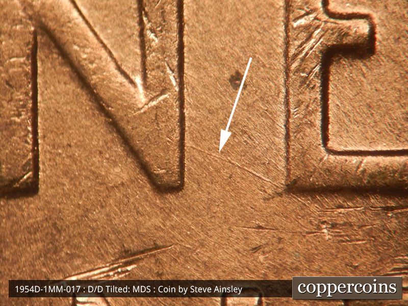 Die-stage B marker on 1954D•1MM•017 (1954 Repunched Mint Mark).