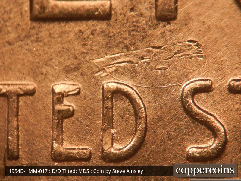 Die-stage B marker on 1954D•1MM•017 (1954 Repunched Mint Mark).
