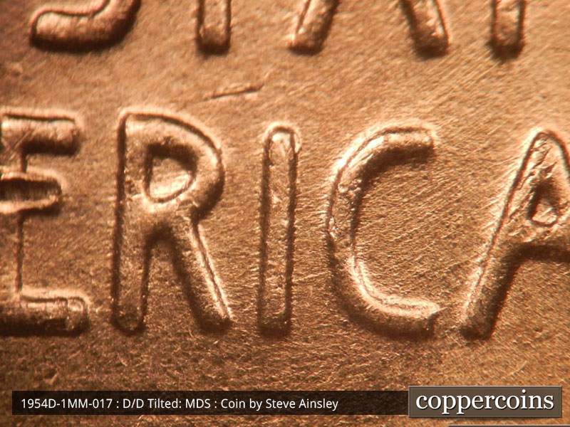 Die-stage B marker on 1954D•1MM•017 (1954 Repunched Mint Mark).