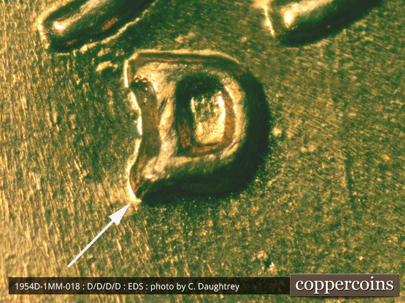 Die-stage A marker on 1954D•1MM•018 (1954 Repunched Mint Mark).
