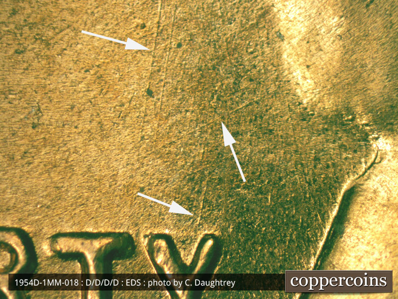 Die-stage A marker on 1954D•1MM•018 (1954 Repunched Mint Mark).