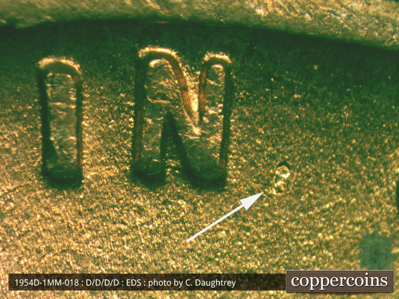 Die-stage A marker on 1954D•1MM•018 (1954 Repunched Mint Mark).