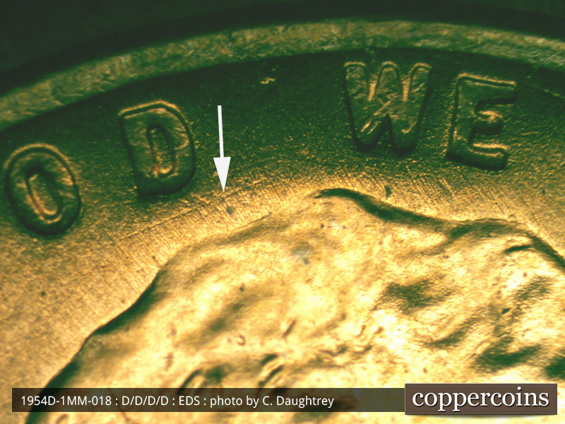 Die-stage A marker on 1954D•1MM•018 (1954 Repunched Mint Mark).