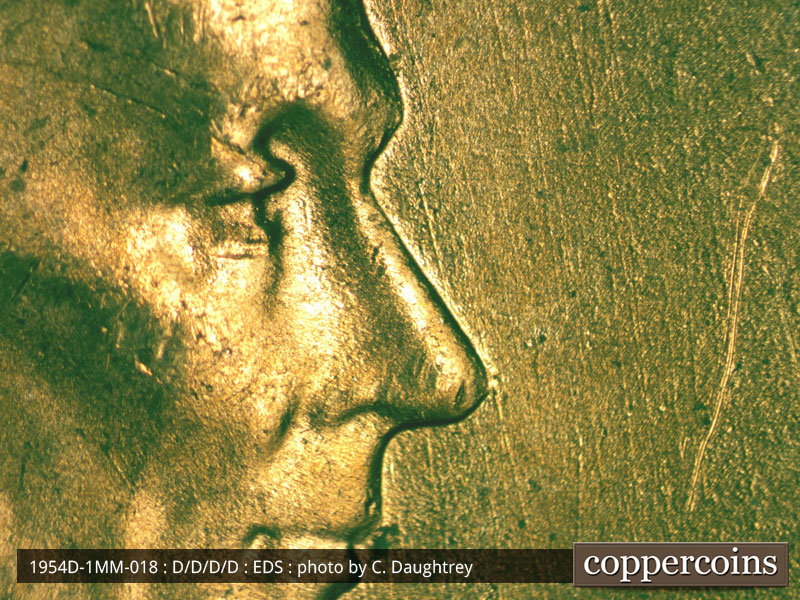Die-stage A marker on 1954D•1MM•018 (1954 Repunched Mint Mark).