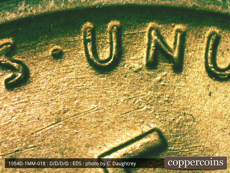 Die-stage A marker on 1954D•1MM•018 (1954 Repunched Mint Mark).