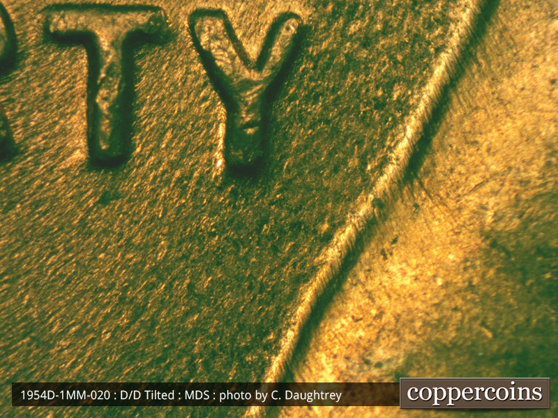 Die-stage B marker on 1954D•1MM•020 (1954 Repunched Mint Mark).