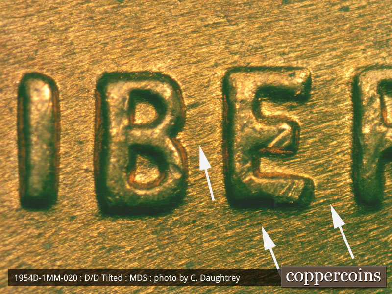 Die-stage B marker on 1954D•1MM•020 (1954 Repunched Mint Mark).